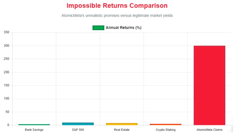Atomic Meta annual returns comparison chart showing unrealistic claims versus bank savings, S&P 500, real estate, and crypto staking
