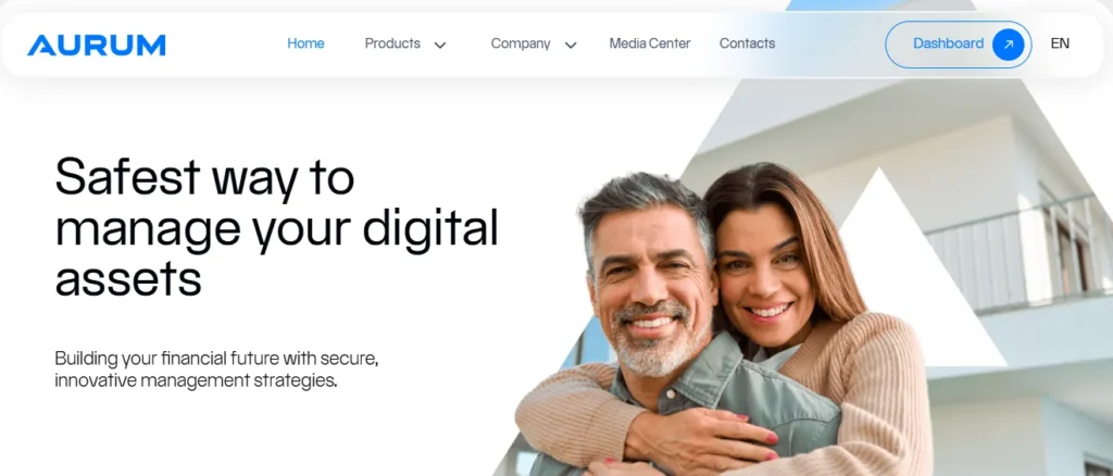Screenshot of Aurum homepage claiming to be the safest way to manage digital assets with a couple smiling in front of a house.