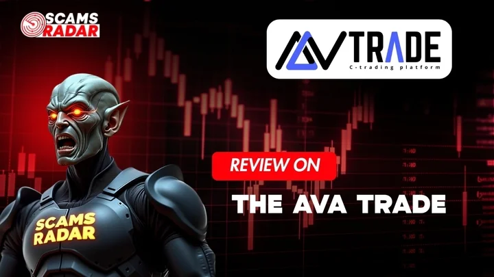 Scams Radar character warning about The Ava Trade with red trading chart background and AV logo