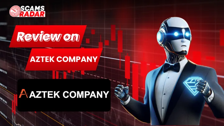 Scams Radar robot in suit with Aztek Company logo and red trading chart background