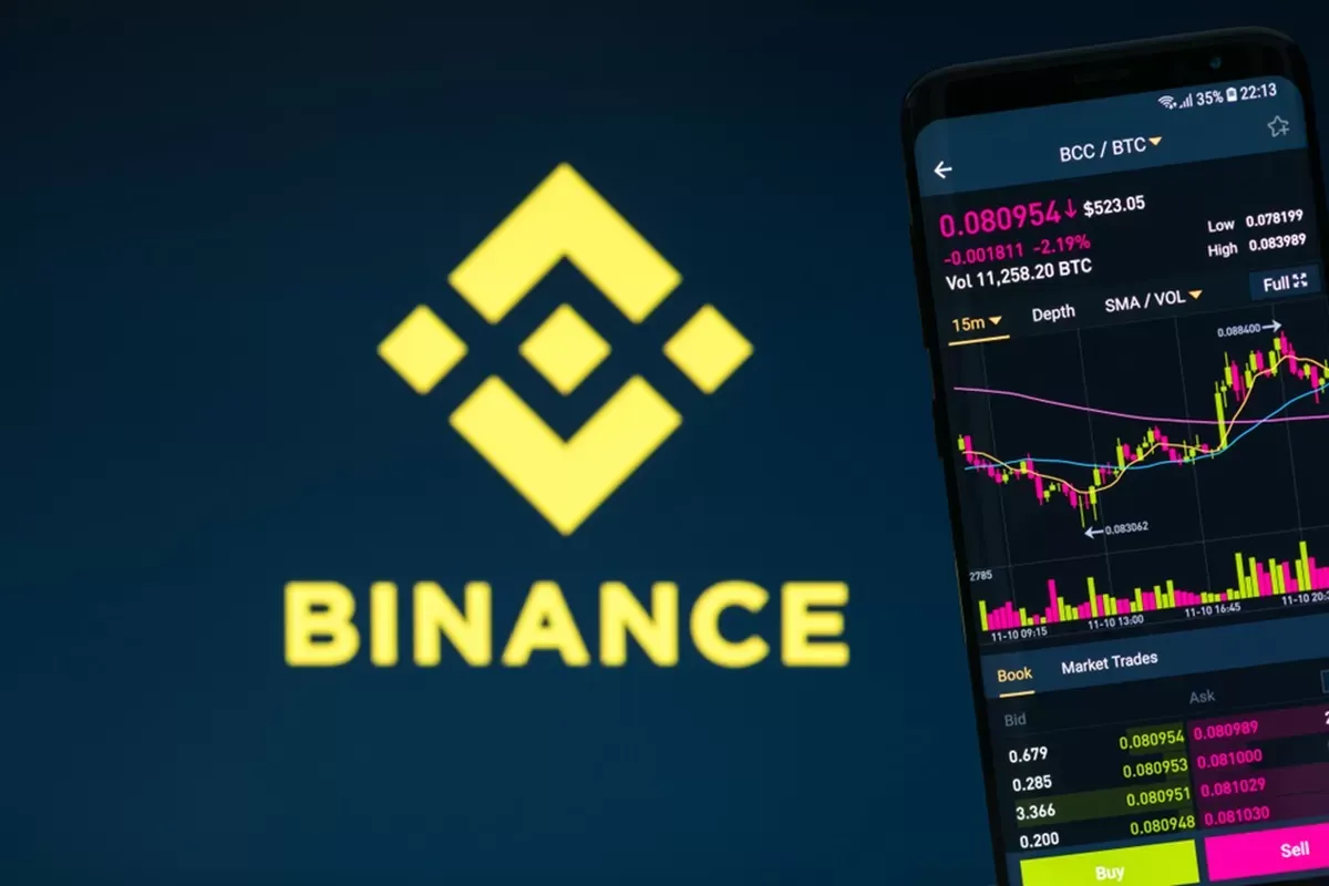 Binance logo and mobile screen showing crypto trading chart, highlighting altcoin margin pair removals