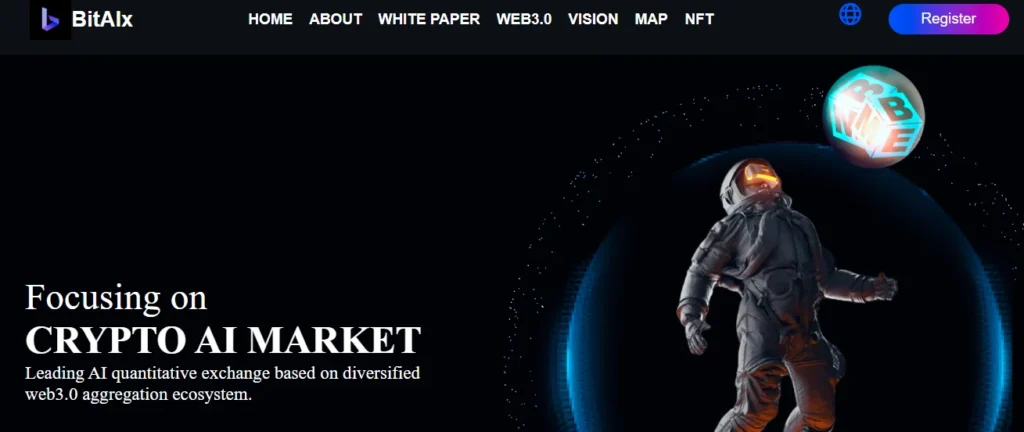 Screenshot of BitAlx homepage featuring crypto AI market focus with astronaut and floating token visual.