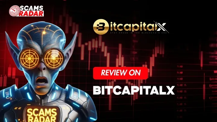 YouTube thumbnail showing BitcapitalX review with a futuristic character and stock market background