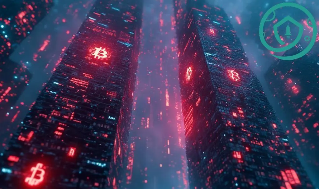 Futuristic cityscape with Bitcoin symbols glowing on skyscrapers, symbolizing the rise of digital currencies