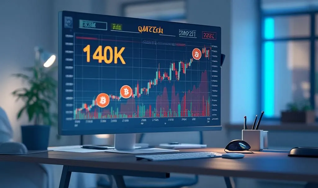 Computer screen showing Bitcoin chart with $140K target, representing Elliott Wave forecast projection