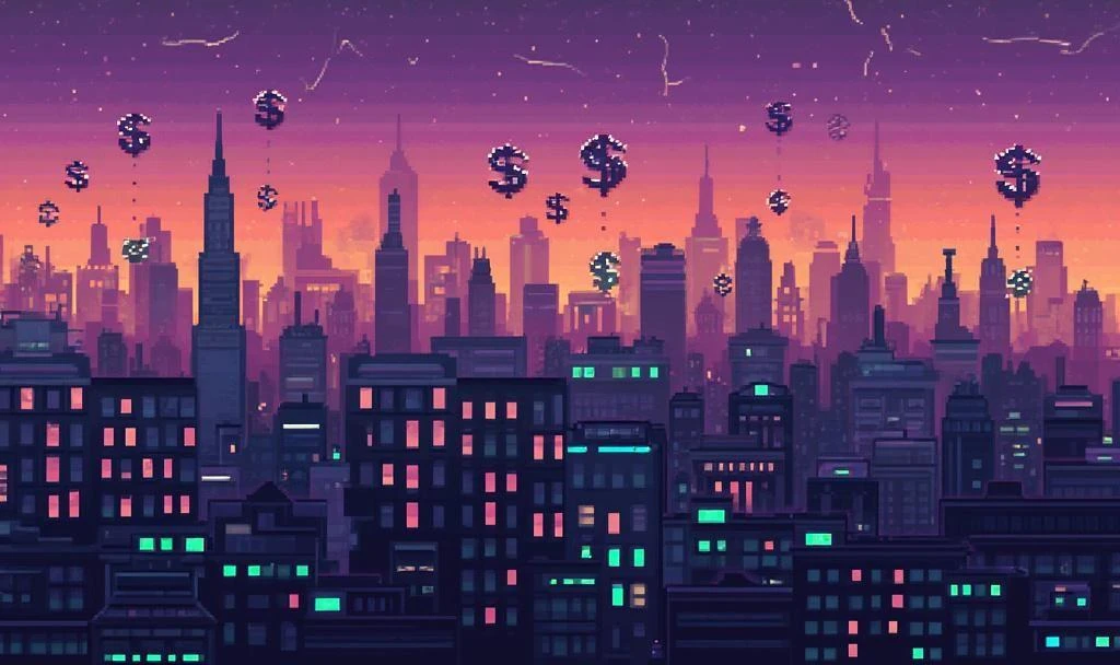 Pixel art city skyline with dollar signs floating in the sky representing Bitcoin and Ethereum market growth
