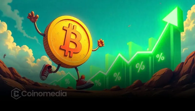 Cartoon Bitcoin running upward with green growth chart symbolizing Bitcoin Historic Rally to $122K
