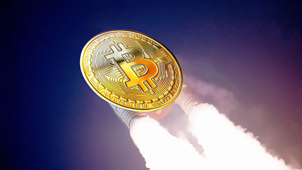 Bitcoin coin depicted as a rocket launching upward, symbolizing a sharp price surge