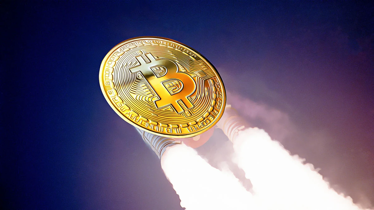 Bitcoin coin depicted as a rocket launching upward, symbolizing a sharp price surge