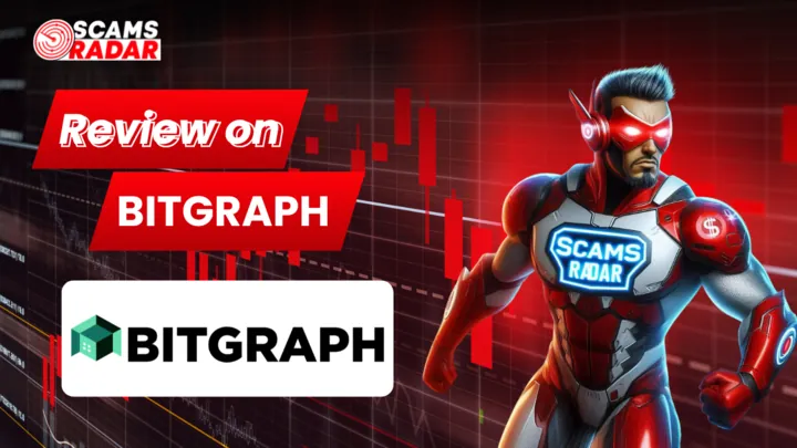 Scams Radar superhero with Bit Graph logo and trading chart background for Bit Graph review thumbnail
