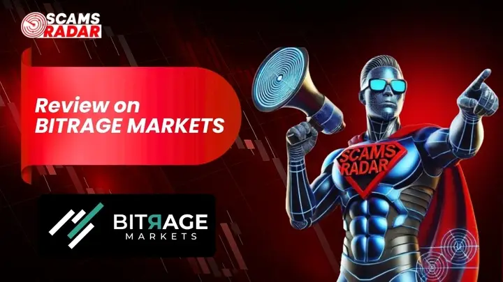 Scams Radar review banner on Bitrage Markets with futuristic superhero illustration