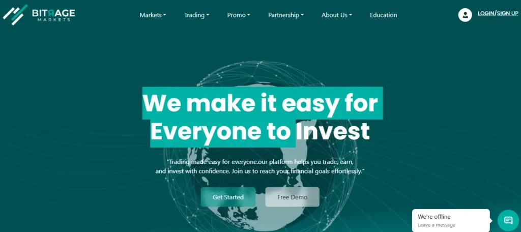 Homepage of Bitrage Markets showing investment slogan and platform features