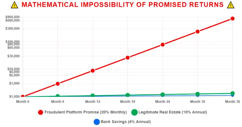 Broadscom promised returns chart showing unrealistic 20% monthly gains compared to real estate and bank savings