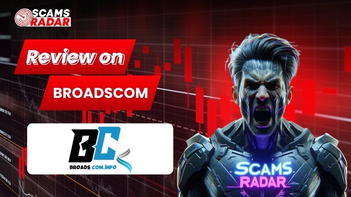 ScamsRadar review on Broadscom platform with logo and futuristic mascot