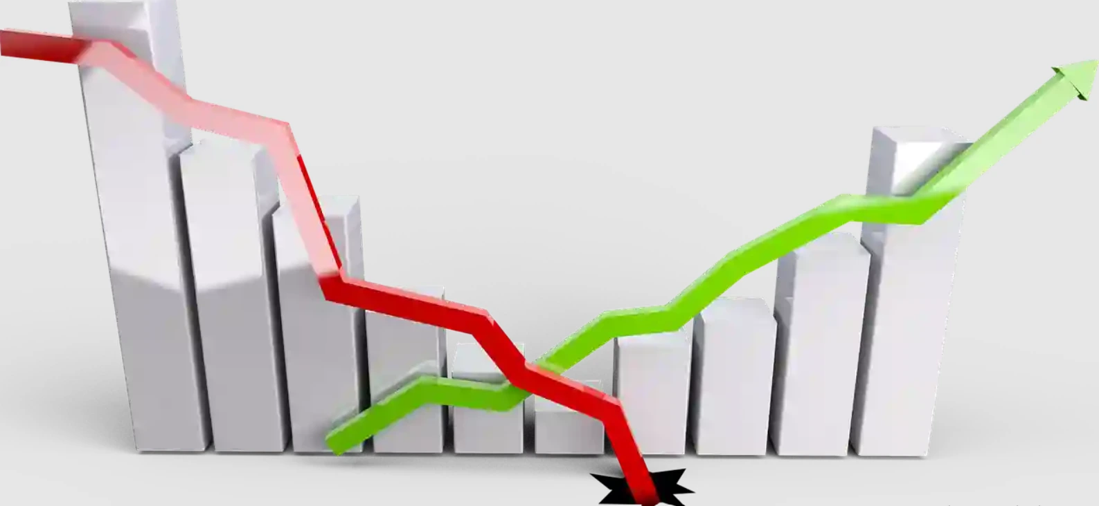 A 3D chart illustrating business growth and decline, with a green line showing upward growth and a red line indicating a sharp decline, featuring a hole symbolizing a critical low point.