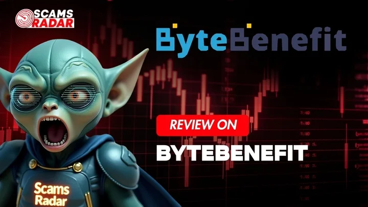 Scams Radar review on ByteBenefit featuring a character and ByteBenefit logo with a financial chart background
