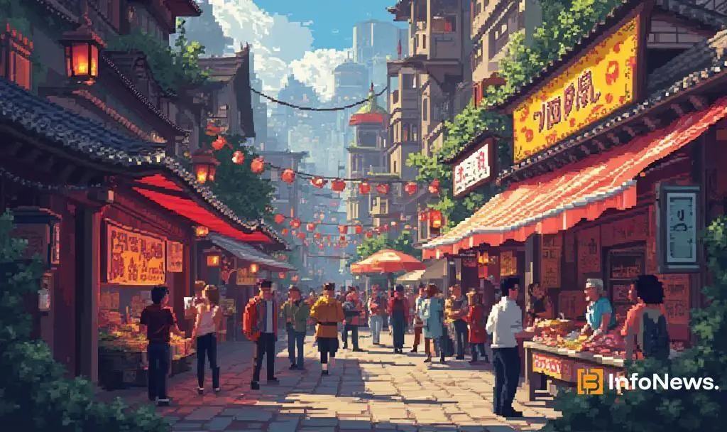 Chinese marketplace scene symbolizing Beijing’s push for Yuan-backed stablecoins and regulated digital assets.
