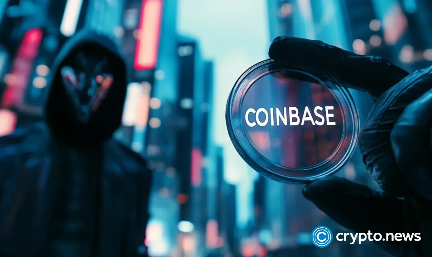 Gloved hand holding coin with Coinbase logo in futuristic city backdrop