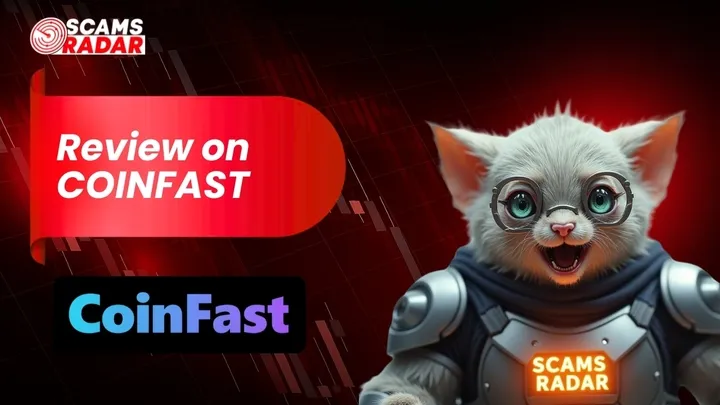Scams Radar review on CoinFast with robotic cat mascot and logo