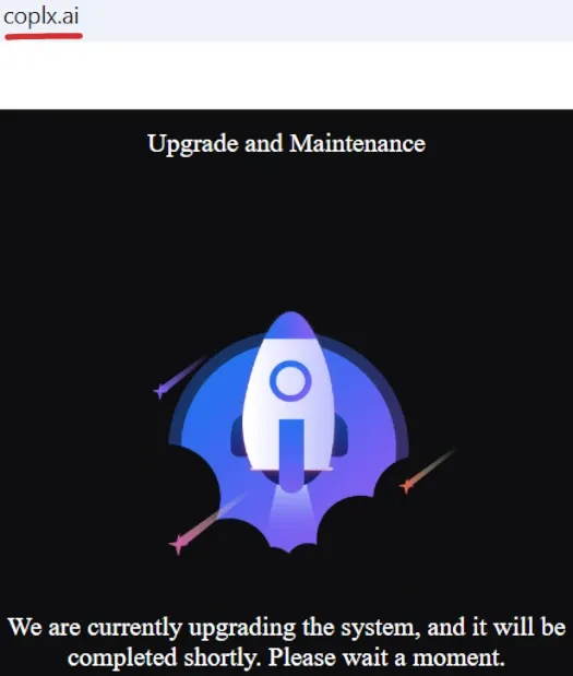 Coplx.ai website under maintenance screen linked to Coplx Ponzi Scheme exit scam