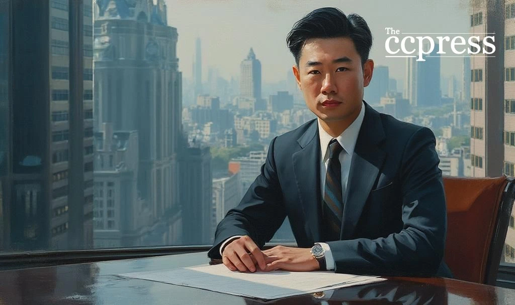 A professional corporate executive portrait featuring a man in a suit at a desk, with a city skyline in the background, branded by ccpress.