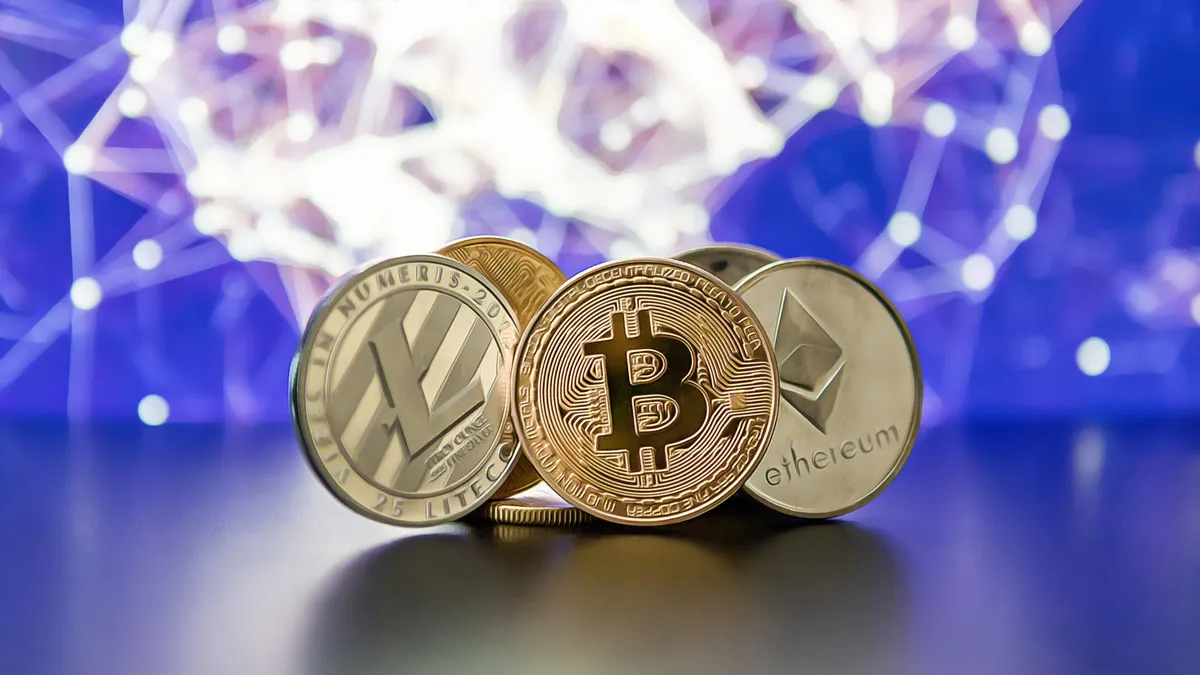 Bitcoin, Ethereum, and Litecoin coins displayed with a blockchain-themed background, symbolizing digital currency
