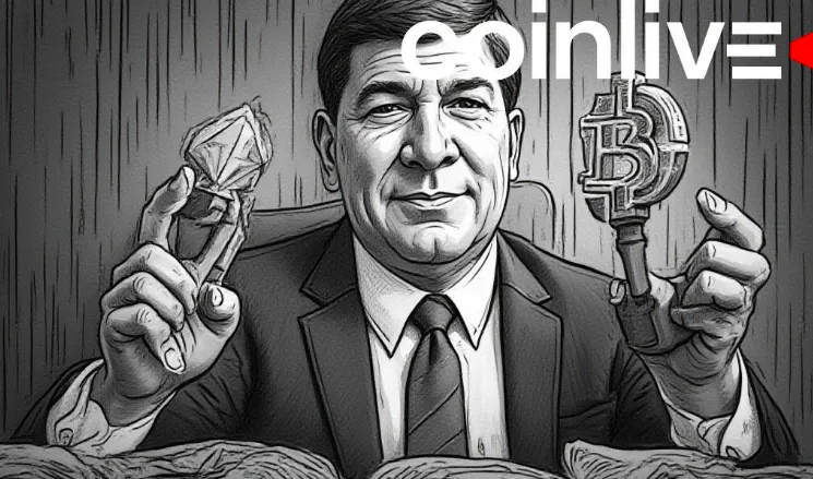 Illustration of a figure holding Ethereum and Bitcoin symbols, linked to new cryptocurrency laws and regulations.