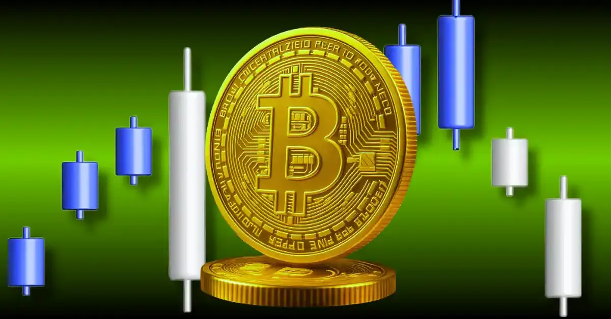 Bitcoin coin with rising candlestick charts symbolizing a crypto market surge led by BTC, ETH, and XRP