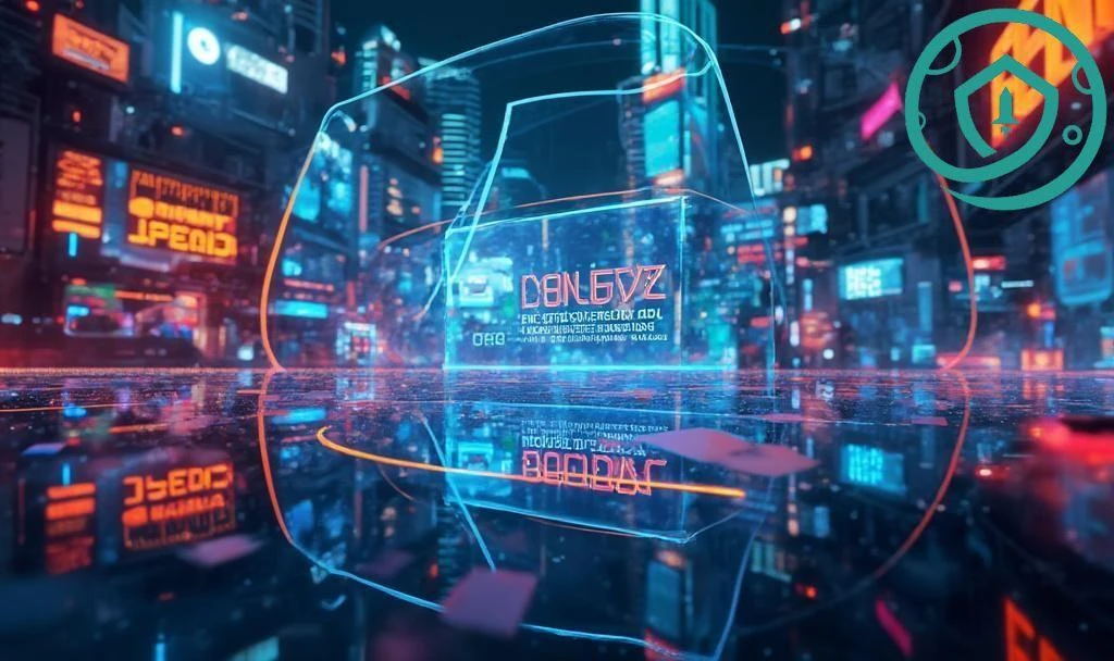 Neon-lit futuristic crypto metaverse scene with digital city buildings and floating interface elements