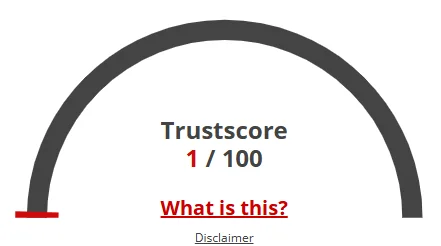 Crypto Botics TrustScore meter showing a score of 1/100 with a low rating.