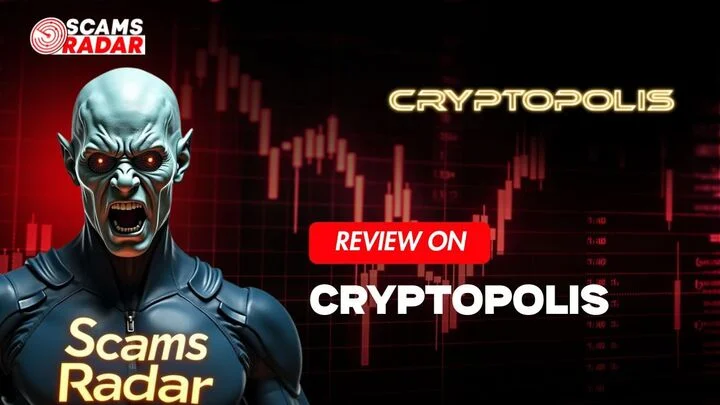 Cryptopolis review banner with ScamsRadar mascot and Cryptopolis logo in the background.