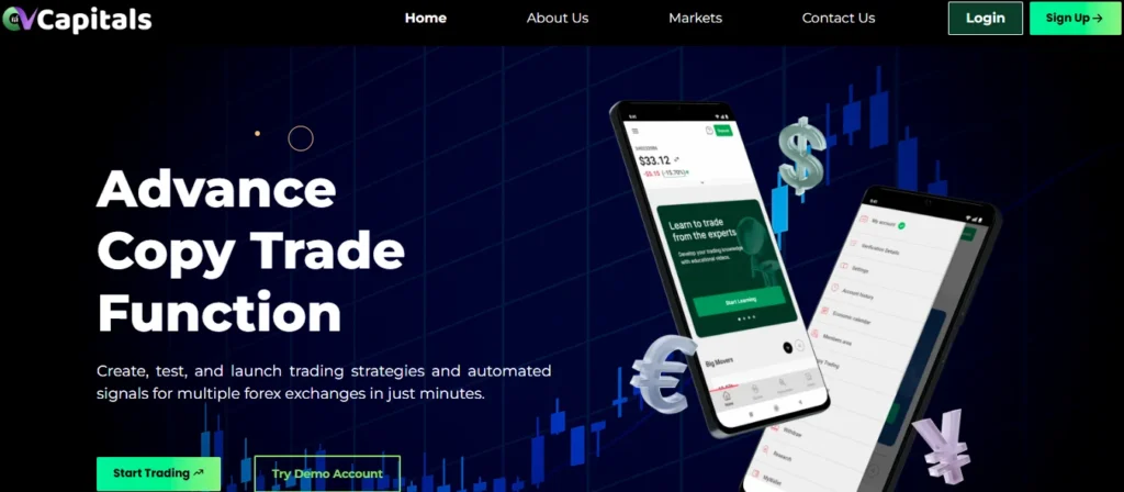 CVCapitals website banner showing copy trade function with mobile trading interface and currency symbols