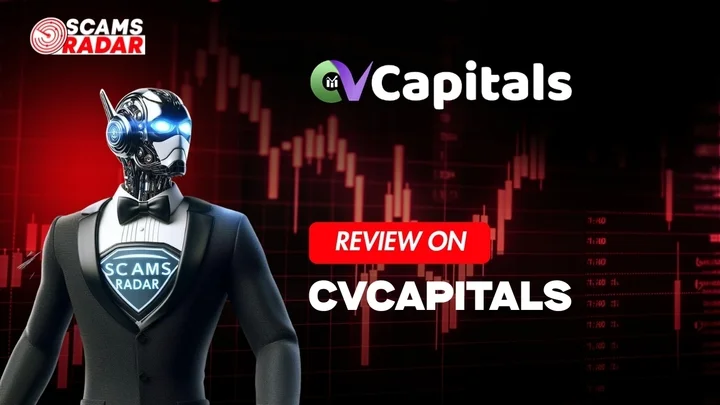 ScamsRadar review banner featuring CVCapitals logo with robotic figure and stock chart background