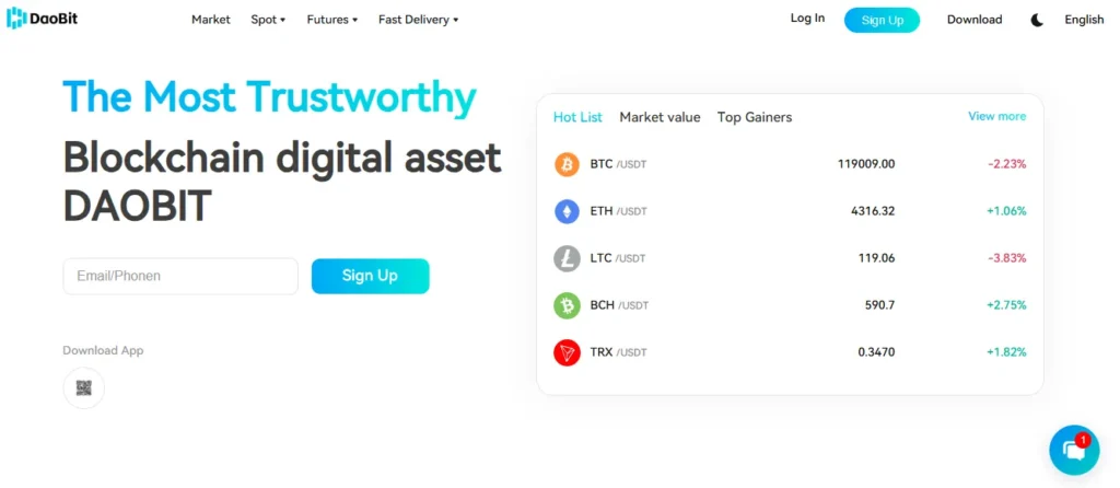 DAOBIT Review homepage showing cryptocurrency market values and sign-up option