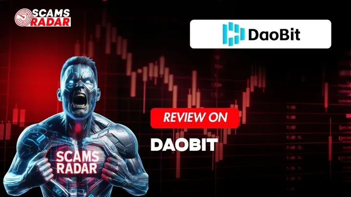 DAOBIT Review promotional image by Scams Radar with futuristic character and trading chart background