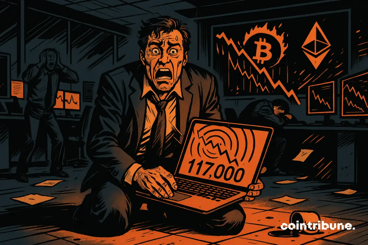 DAT Companies struggling with Bitcoin’s sharp drop, depicted in an office with people in panic