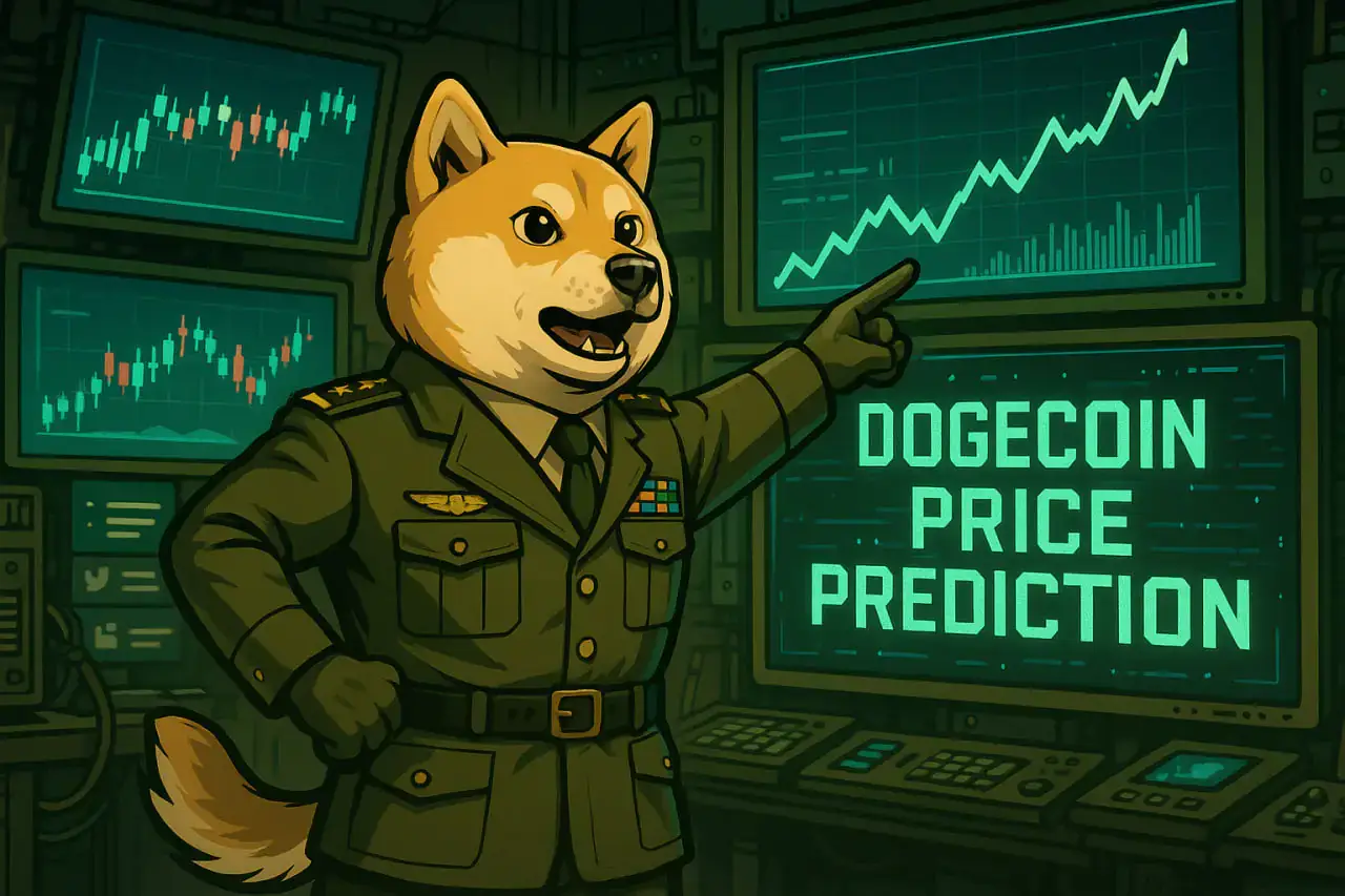 Dogecoin price prediction image with a character pointing at a graph showing price growth