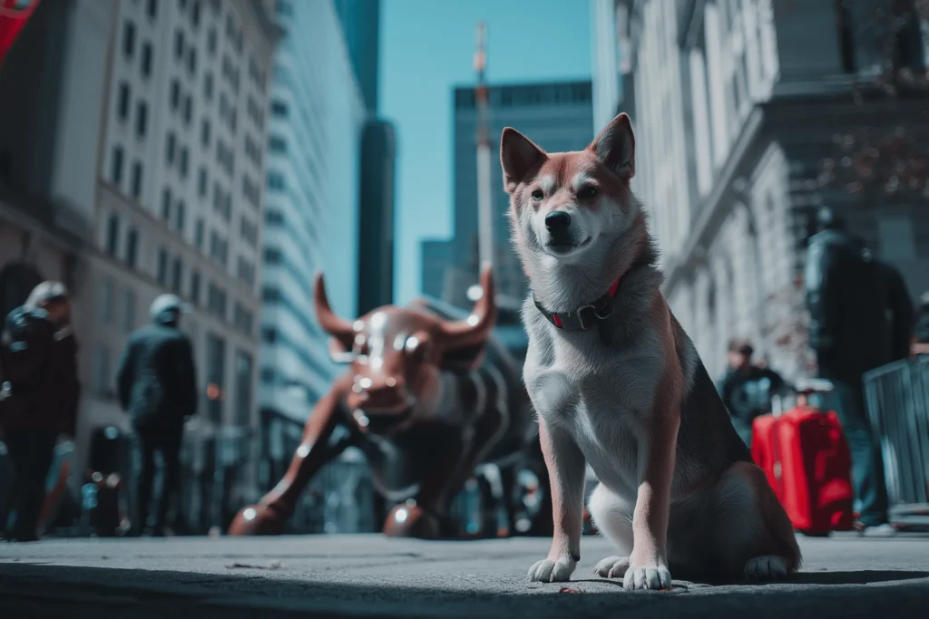 Shiba Inu dog representing Dogecoin sitting confidently on Wall Street in front of the bull statue