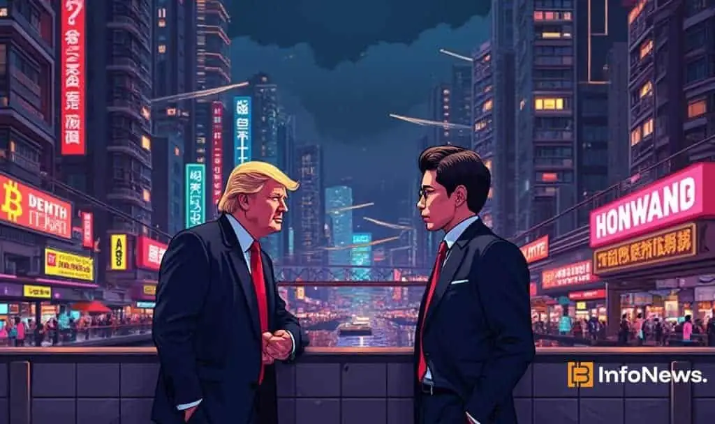 Eric Trump and CZ discuss Bitcoin policy at Hong Kong conference with city lights in the background