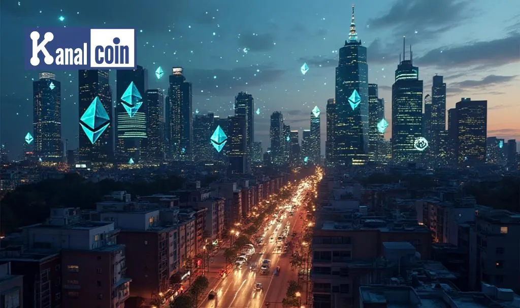 Ethereum cityscape showcasing Ether Outshines Bitcoin with digital tokens floating over a futuristic skyline