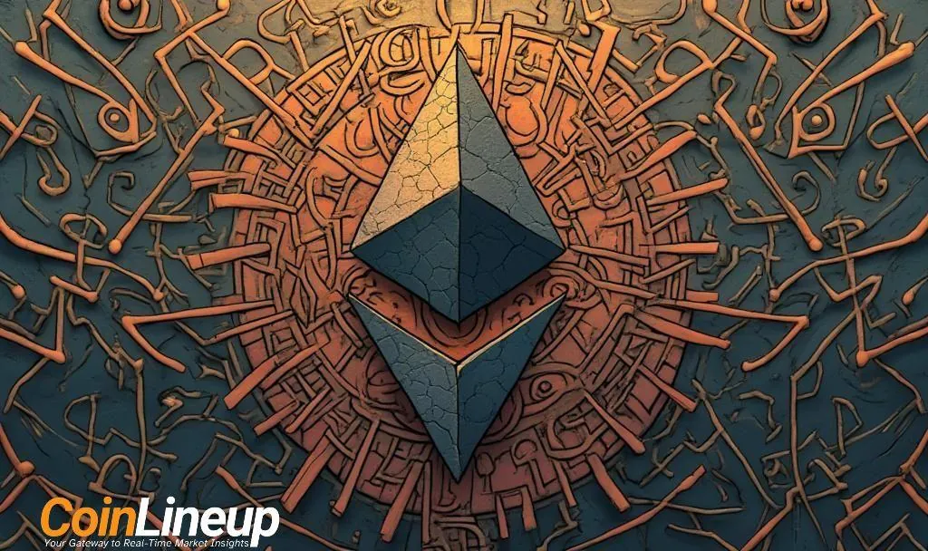 Ethereum symbol surrounded by intricate symbols and patterns in a digital art style