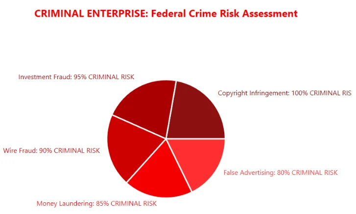 Pie chart showing risks of copyright infringement, wire fraud, investment fraud, false advertising, and money laundering