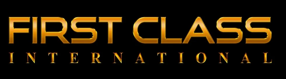 First Class International logo in gold text on black background