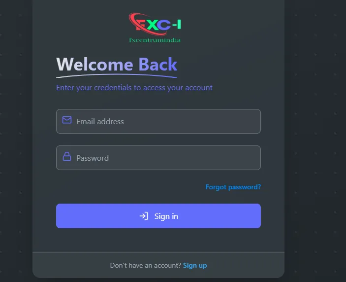 Screenshot of FXCentrumIndia login page showing email and password fields with sign-in and sign-up options.