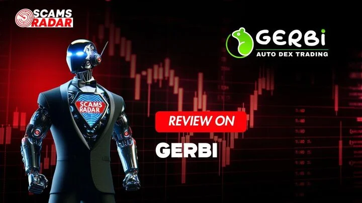 Gerbi Auto Dex Trading review banner with a robot mascot and trading graph background
