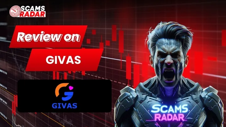 Scams Radar review on GIVAS with stock market chart and futuristic character