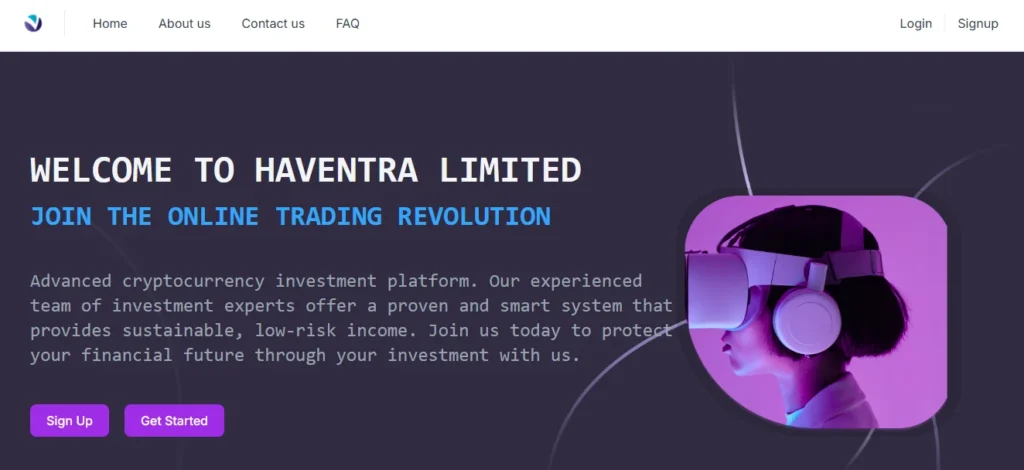 Haventra cryptocurrency investment platform page showing an introduction with a virtual reality image.