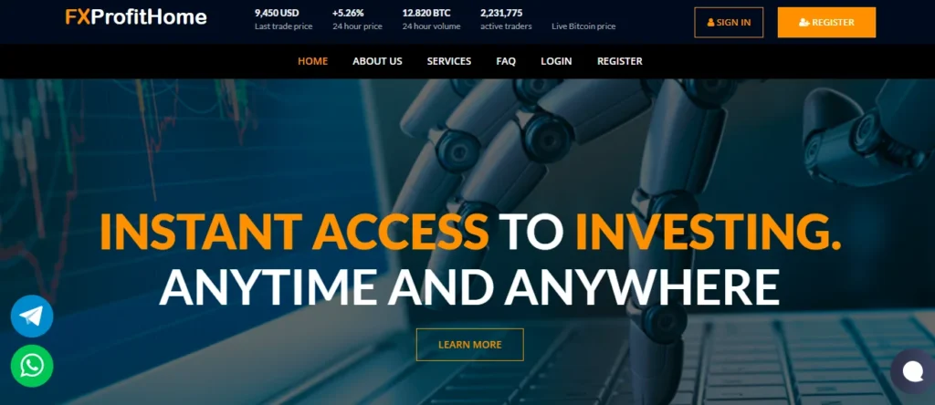 Screenshot of FXProfitsHome website showcasing its services with the tagline "Instant Access to Investing. Anytime and Anywhere."