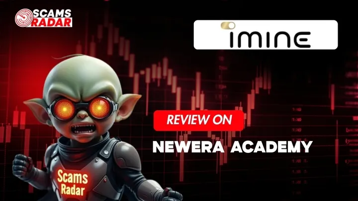 iMine Review promotional image by Scams Radar with futuristic mascot and trading chart background