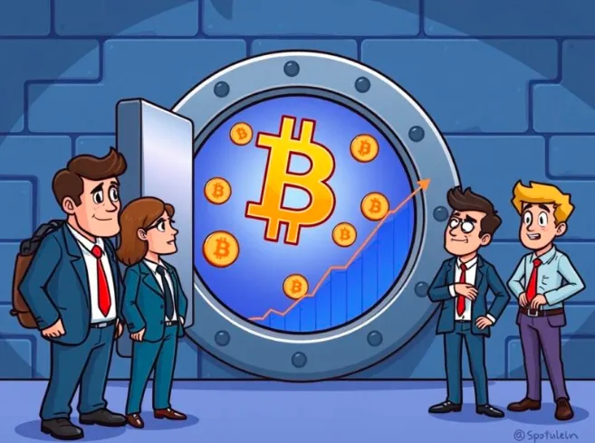 Animated image showing Bitcoin growth and institutional staking through a secure vault door.